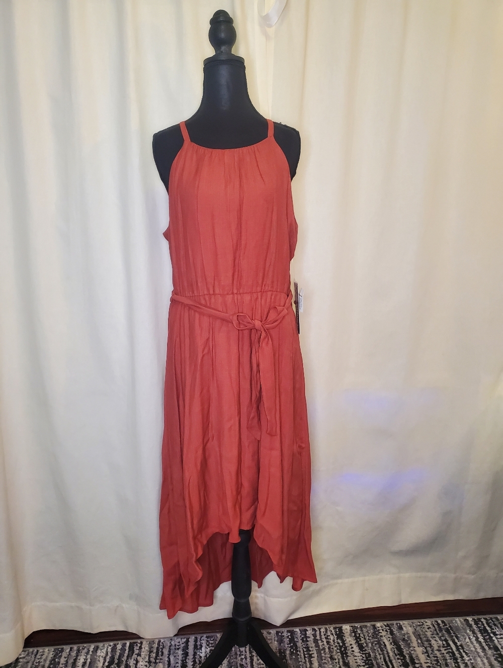 Luxology Women's Rust Red Halter Midi Dress with Tie Waist